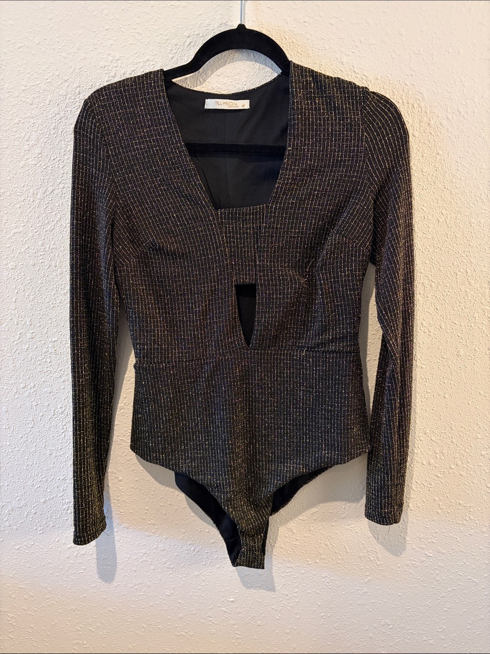 Metallic Ribbed Long-Sleeve Bodysuit - Black